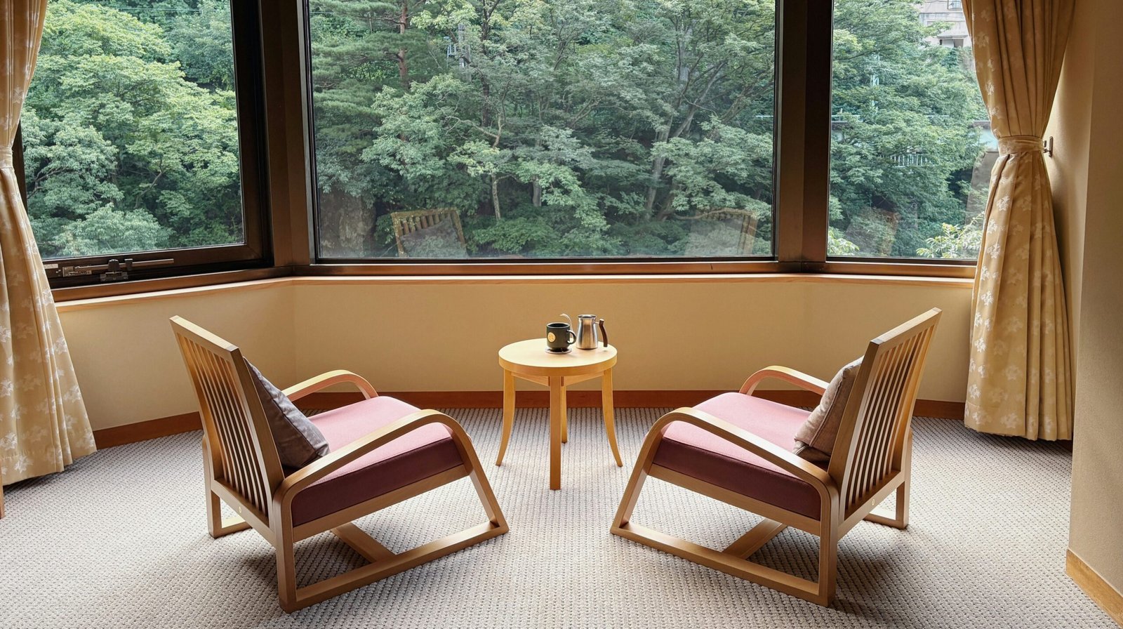 Two chairs facing a window with a green view.